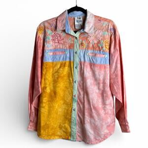 Vintage Color Block Tie-Dye Floral Embroidered Button-Up Shirt